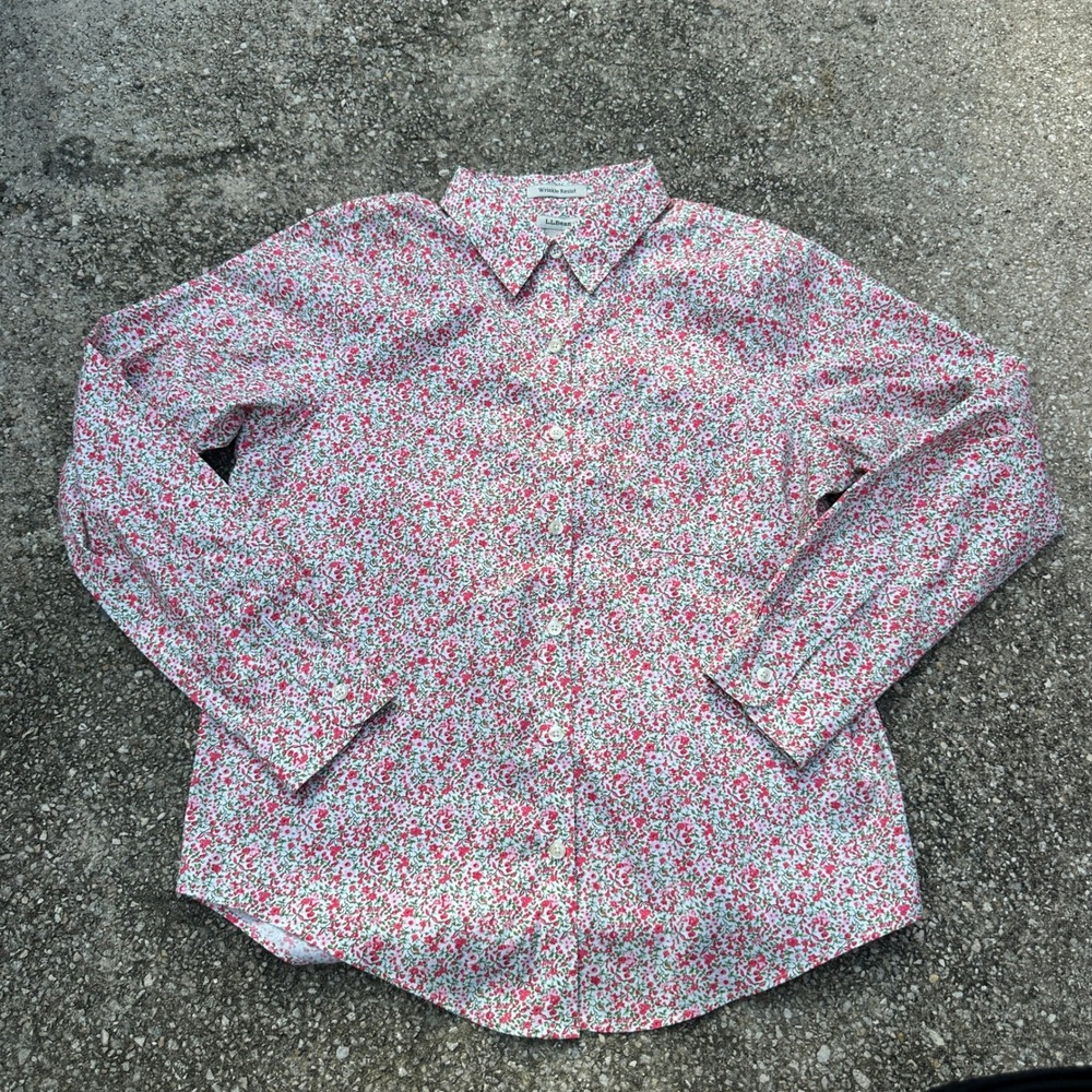 LL Bean Womens Mens Resist Floral Button Down Shirt Pink Green Cotton Small